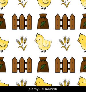 Affascinante motivo vettoriale senza cuciture con pulcini carini, recinzioni in legno rustico e gambi di grano dorato, perfetto per i design a tema primaverile. Illustrazione Vettoriale