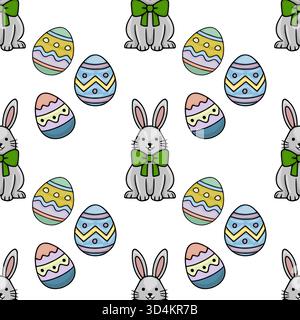 Motivo vettoriale senza cuciture di simpatici coniglietti pasquali cartoni animati con archi verdi e uova colorate decorate su sfondo bianco. Illustrazione Vettoriale
