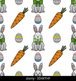 Motivo vettoriale senza cuciture con simpatici coniglietti grigi con archi verdi, vivaci carote arancioni e colorate uova di Pasqua a righe su sfondo bianco. Illustrazione Vettoriale