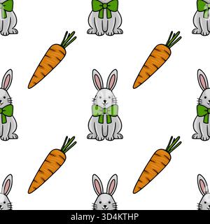 Modello vettoriale senza cuciture di simpatici conigli cartoni animati con archi verdi e carote vivaci su sfondo bianco, che celebrano i temi pasquali. Illustrazione Vettoriale
