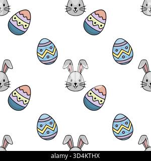 Adorabile motivo vettoriale senza cuciture con giocose uova di Pasqua e simpatici volti da coniglietto, perfetto per le feste natalizie. Illustrazione Vettoriale