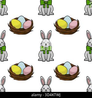 Motivo vettoriale senza cuciture con adorabili coniglietti grigi con fiocchi verdi e nidi ripieni di uova pasquali pastello. Illustrazione Vettoriale
