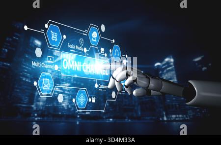 Una mano robotica futuristica interagisce con un'interfaccia di marketing digitale che mostra il concetto di coinvolgimento omnicanale e di customer experience in Foto Stock