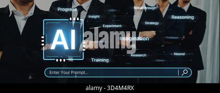 Un concetto di intelligenza artificiale cognitiva che mette in evidenza i suoi processi creativi e strategici. Il sistema utilizza immaginazione, ragionamento e ricerca per generare nuovi Foto Stock