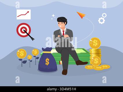 Uomo d'affari seduto con orgoglio su banconote e borsetta con illustrazione vettoriale del concetto di successo aziendale. Illustrazione Vettoriale