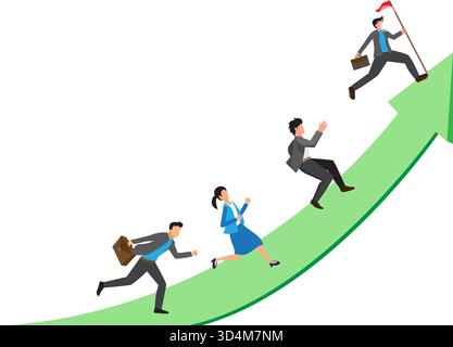 Successo, crescita, sviluppo del percorso di carriera o business in crescita, dipendenti che lavorano insieme, concetto di promozione del lavoro, dipendente d'affari che corre su Arrow Illustrazione Vettoriale