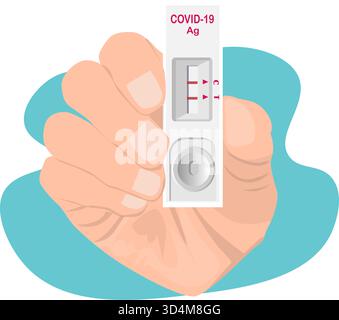 Kit per test antigene rapido per mano umana, positivo durante il test COVID-19, clearance del coronavirus, test del naso per auto o casa, Lockdown e isolamento domestico c Illustrazione Vettoriale