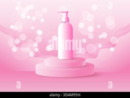 Modello pubblicitario cosmetico in tema rosa con mockup di prodotti morbidi è una pipa su una piattaforma rotonda. illustrazione vettoriale in stile piatto Illustrazione Vettoriale