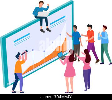 I personaggi maschili e femminili lavorano insieme alle statistiche web online. Concetto di miglioramento delle pagine Web per la promozione aziendale come strategia di marketing Illustrazione Vettoriale