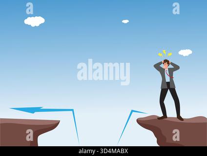 Battute d'arresto aziendali e concetto di risoluzione dei problemi con gli imprenditori che si trovano al di sopra di un grande divario. Simbolo del superamento degli ostacoli, strategia, analisi, creato Illustrazione Vettoriale