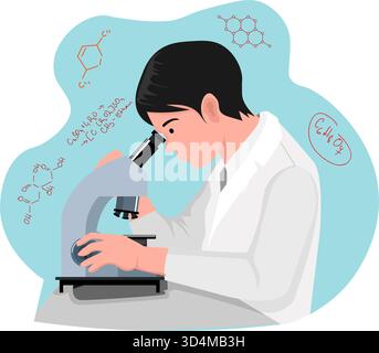 Scienziato che lavora in laboratorio, uomo o medico che guarda attraverso il microscopio. Studio e conduzione di esperimenti in laboratorio clinico. Vettore in cartone animato piatto Illustrazione Vettoriale