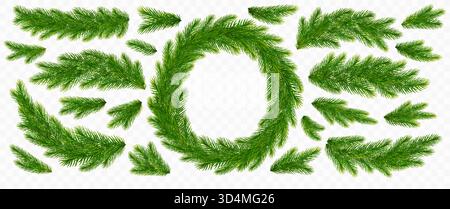 Corona di Natale di abete. Rami di abete rosso. Ramoscelli di abete con aghi verdi. Rami realistici dell'albero di Natale isolati su sfondo trasparente Illustrazione Vettoriale