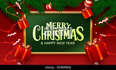 Buon Natale e felice anno nuovo banner lavagna con decorazioni natalizie, ideale per i look di benvenuto stagionali. Illustrazione vettoriale Illustrazione Vettoriale