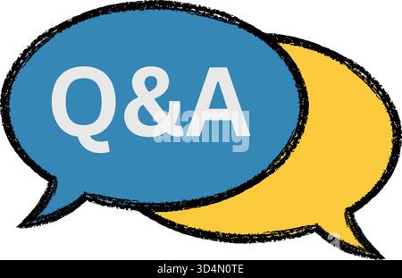 Illustrazione in stile disegnata a mano di un concetto di domanda e risposta, con due bolle vocali sovrapposte con Q e A testo, che simboleggiano il dialogo e S. Illustrazione Vettoriale
