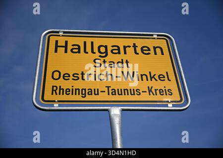 Oestrich Winkel, Germania. 11 novembre 2025. All'ingresso della città c'è un nuovo cartello con la scritta "Hallgarten Stadt Oestrich-Winkel - Rheingau-Taunus-Kreis". Alla fine di ottobre, tutti e dieci i cartelli della città di Oestrich-Winkel nel distretto di Rheingau-Taunus furono rubati. Credito: Michael Brandt/dpa/Alamy Live News Foto Stock