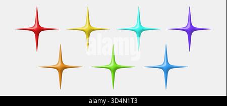 I colori 3D brillano con sfumature lucide e brillantezza. Stelle vettoriali astratte in stile arcobaleno Y2K. Elementi luminosi luminosi per un design moderno Illustrazione Vettoriale
