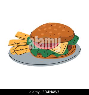 Un hamburger vettoriale o un fast food. Cheeseburger o sandwich americano con lattuga e pomodoro, formaggio e carne. Cena al pub o pranzo al ristorante. Nutrizione rapida. Asporto grasso. Illustrazione Vettoriale