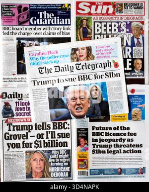 11 novembre 2025. Una selezione di giornali britannici reagisce alle dimissioni della BBC di Tim DAVIE e Deborah Turness e alla minaccia di Trump di fare causa. Foto Stock