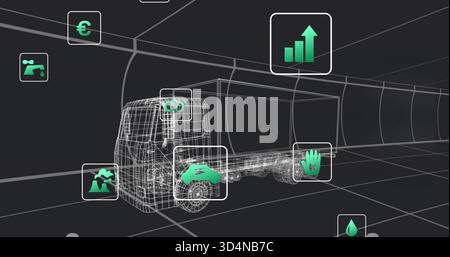 Visualizzazione del dumper a reticolo centrato nel tunnel della griglia curvo, con icone metriche verdi-turbolente Foto Stock