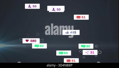 I badge di notifica bianchi fluttuanti che mostrano il follower 50, come 580, commentano 60 sul cruscotto scuro Foto Stock