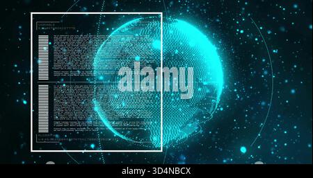 Visualizzazione del globo olografico a nuvola di punti che ruota nell'interfaccia virtuale 3D, con pannello HUD Foto Stock