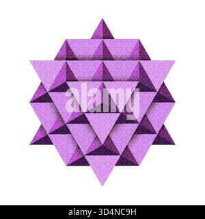 Solidi platonici Tetraedro 3D con geometria sacra, griglia 64 Tetraedroni, logo viola, facce poligonali a basso contenuto di poli, texture geometrica, isolamento Illustrazione Vettoriale