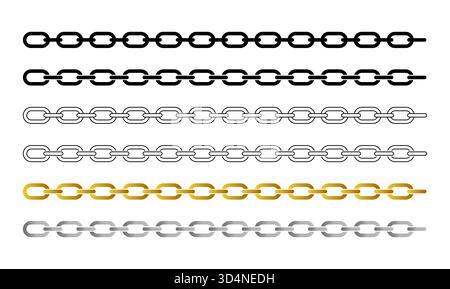 Motivo a catena nero, contorno, oro e argento. Idea di connessione. Perfetto per sfondi, bordi, design industriale o gioielli. Vettore. Illustrazione Vettoriale