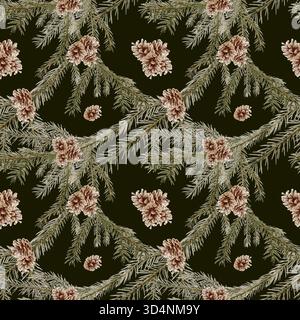 Rami di abete verde con coni di abete in uno stile realistico, simbolo del nuovo anno, Natale, vacanze con ramo di abete. Per Foto Stock