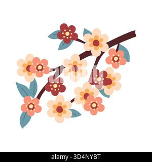 Una colorata illustrazione vettoriale piatta di un ramo di ciliegio in fiore o fiori sakura simbolo di primavera e rinnovamento Illustrazione Vettoriale