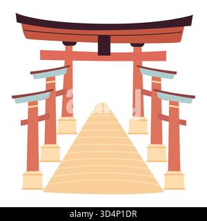 Classica icona rossa giapponese torii Gate in stile grafico vettoriale piatto isolata su uno sfondo bianco, che rappresenta la tradizionale entrata del santuario shintoista Illustrazione Vettoriale