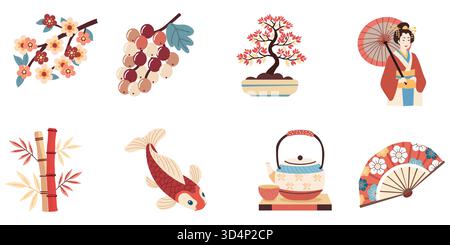 Set di icone giapponesi minimali rosse e nere per concetti culturali e di viaggio, tra cui pagoda, torii, bonsai, daruma ed elementi tradizionali Illustrazione Vettoriale