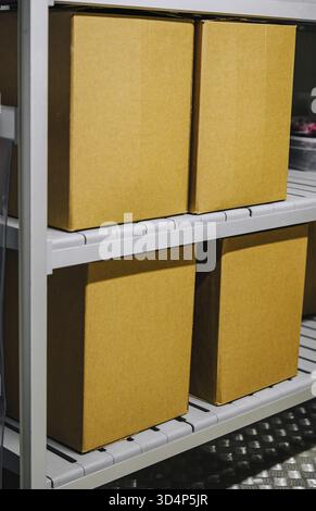Cibo, primo piano di scatole di cartone impilate ordinatamente sugli scaffali di un magazzino Foto Stock