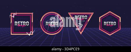 Set vettoriale di segni e loghi in stile Retrowave. Cornici geometriche retrò anni '80 per Night club, album musicali, inviti alle feste. Stampa per t-shi Illustrazione Vettoriale
