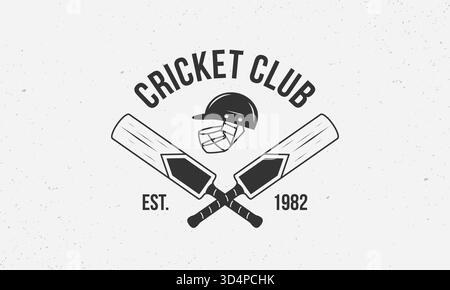 Logo del club di cricket, poster. Logo di cricket alla moda con pipistrelli da cricket e casco. Modello emblema vettoriale. Illustrazione Vettoriale