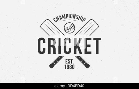 Logo del campionato di cricket, poster per eventi sportivi. Modello con logo di cricket alla moda con pipistrelli e palla da cricket incrociati. Illustrazione vettoriale Illustrazione Vettoriale