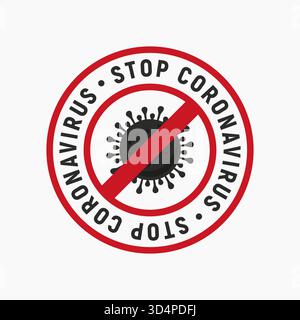 Logo Stop Coronavirus con il segno di divieto e l'icona COVID-19. Focolaio di coronavirus. Pericolo Coronavirus Cell. Etichetta, adesivo, logo con l'icona del virus isolat Illustrazione Vettoriale