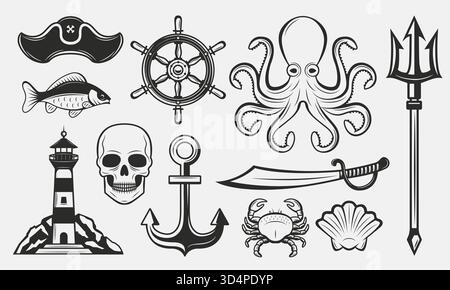 Set di elementi nautici. Set di icone nautiche vintage. Modelli di logo marini. Faro, ancora, tridente, polpo, ruota della nave. Illustrazioni vettoriali Illustrazione Vettoriale