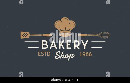 Bakery Shop - concept vintage con logo. Logo di Bakery, Bakery House con cappello da chef, spatola e frusta. Modello del logo della casa del pane. Grana grunge. Vettore i Illustrazione Vettoriale