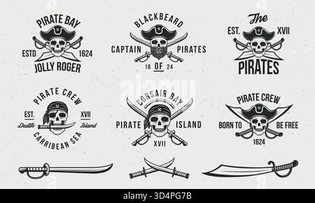 Modelli di logo vintage Pirate Skull e 3 spade. Elementi per t-shirt, tatuaggi, design tipografico. Pirata, teschio emblemi modelli. Saber, coltello, swor Illustrazione Vettoriale