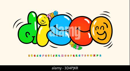 Caratteri Smiley Faces Logo alfabeto fumetto Emoji colorato tipografia, lettere Graffiti fumetti per bambini testo del titolo del compleanno, titolo divertente disco Party Headline Illustrazione Vettoriale