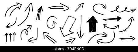 illustrazione: serie di frecce. raccolta di elementi di schizzo direzionali, simboli disegnati a mano isolati su bianco Foto Stock