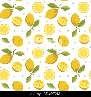 Disegno vettoriale senza cuciture con limoni freschi, foglie di limone, semi e agrumi a fette Illustrazione Vettoriale