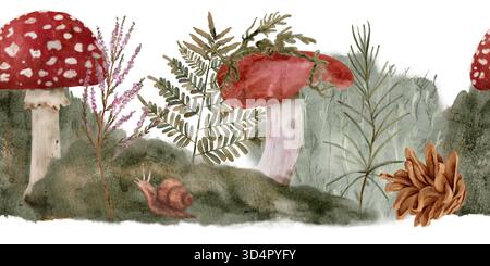 sgabelli rossi con felci e lumaca, acquerello boschivo natura morta che evoca l'animo nostalgico del foraggiere, muschio, acquerello disegnato a mano bordo orizzontale senza cuciture Foto Stock