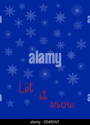 Modello per festeggiare le vacanze invernali Let IT Snow per biglietti d'auguri, poster, banner, invito, albero di fiocchi di neve, cielo notturno su neve inverno notte di sottofondo saluto stagione festivo arredamento semplice Illustrazione Vettoriale