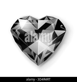 Un diamante nero illustrato digitalmente tagliato a forma di cuore, con varie sfaccettature che riflettono la luce, collocato su un semplice sfondo bianco con sottili S Illustrazione Vettoriale