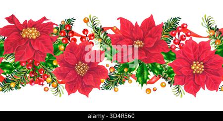 Punta rossa. Fiori di Natale con decorazioni vintage su un bordo senza cuciture, isolati su sfondo bianco. Ricco motivo acquerello per inviti, gr Foto Stock