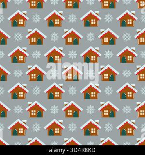 Motivo senza cuciture con cottage natalizi e fiocchi di neve. Accogliente sfondo invernale vettoriale. Illustrazione Vettoriale