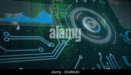 Visualizzazione degli impulsi HUD circolari su PCB verde nel controllo virtuale, con tracce al neon e nodi Foto Stock