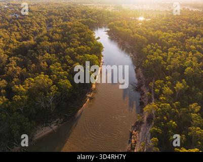 Vista aerea di un ampio fiume torbido che si snoda attraverso una foresta di alberi di gomma all'alba a Moama sul fiume Murray nel nuovo Galles del Sud, Australia, Foto Stock