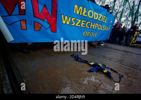 I resti di una bandiera bruciata dell'Unione europea vengono lasciati a terra durante la manifestazione. Nel pomeriggio dell'11 novembre, cittadini polacchi provenienti da tutto il paese hanno marciato per le strade di Varsavia per celebrare il giorno dell'indipendenza. Si stima che l'evento raccolga 100 mila partecipanti, con polacchi patriottici che si riuniscono per festeggiare. Molte famiglie portano i loro figli. La marcia ha sfumature religiose con molto simbolismo religioso visto nelle bandiere e nelle bandiere. Anche molte organizzazioni di estrema destra e fasciste hanno marciato. Quest'anno, il deputato polacco al Parlamento europeo Dominik Ta Foto Stock